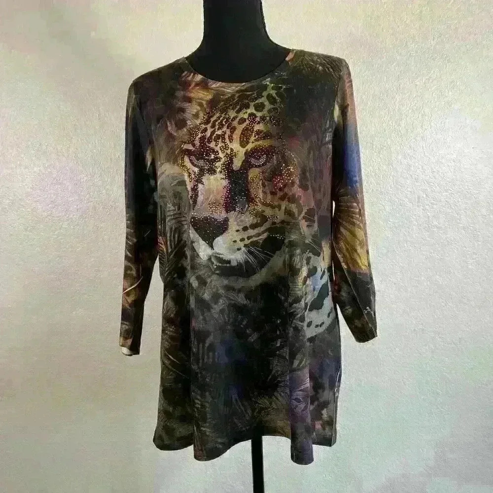 Chico's leopard pullover bejeweled tunic 3/4‎ sleeve brown Artsy Cat Women 2